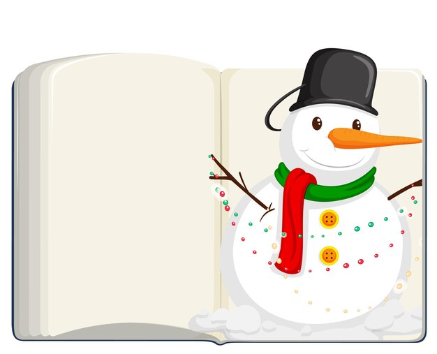 Libro en blanco abierto con muñeco de nieve