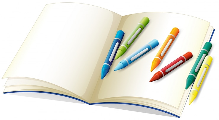 Vector gratuito libro en blanco y muchos lápices de colores