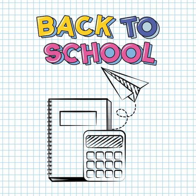 Libro, calculadora y avión de papel, doodle de regreso a la escuela dibujado en una hoja de cuadrícula
