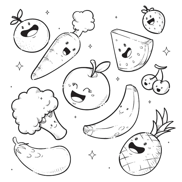 Libro de colorear kawaii dibujado a mano con frutas
