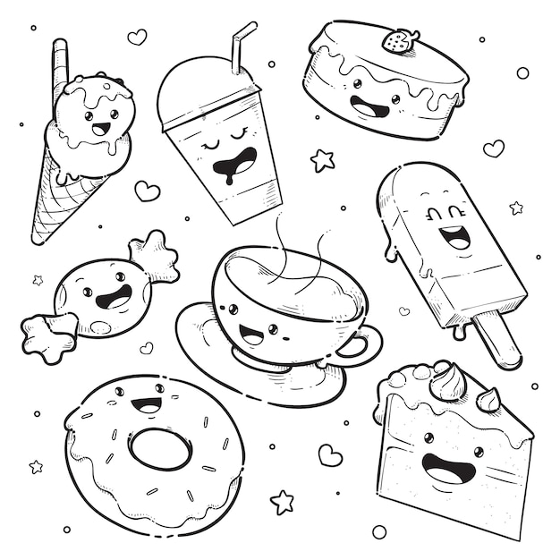 Libro de colorear kawaii dibujado a mano con postre