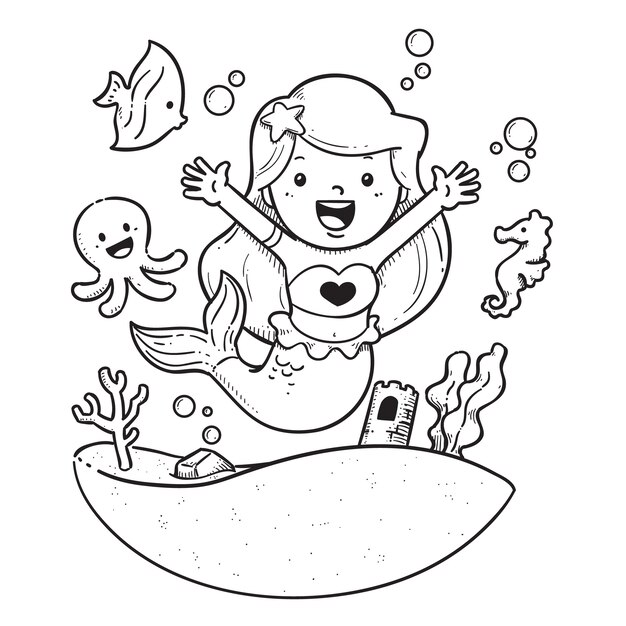 Libro para colorear kawaii dibujado a mano con sirena