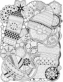Libro de colorear de navidad de vector para adultos. diseño de invierno de fantasía doodle sobre un fondo blanco
