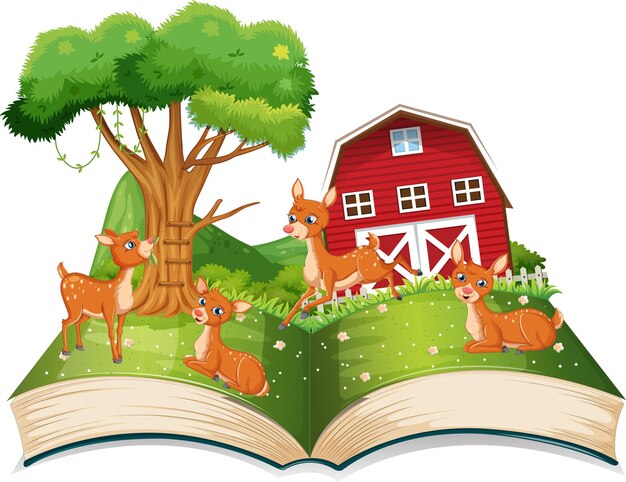 Libro de cuentos con ciervos en el corral.
