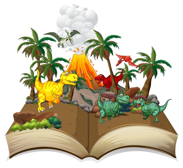 Libro de dinosaurios en el bosque.