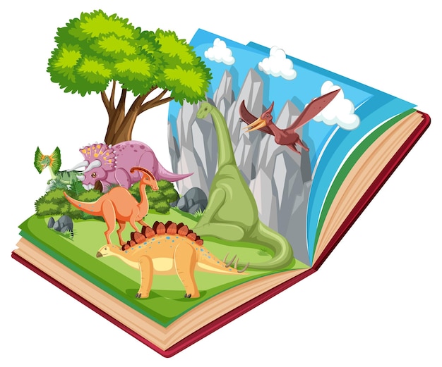 Vector gratuito libro emergente con escena de la naturaleza al aire libre y dinosaurio