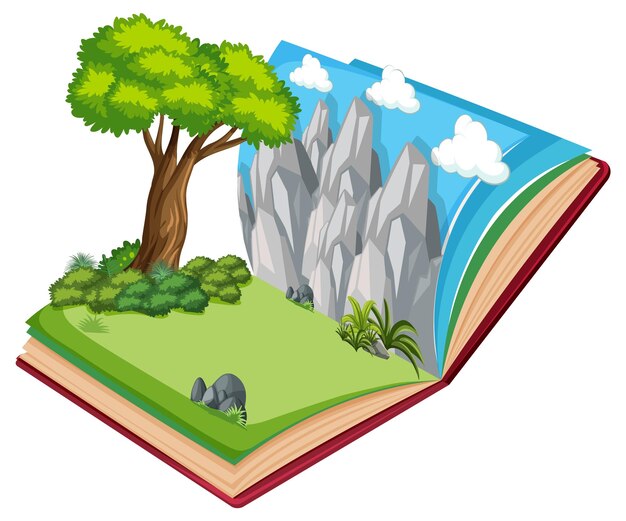 Libro emergente con escena de naturaleza al aire libre