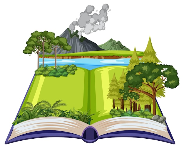 Libro emergente con escena de naturaleza al aire libre