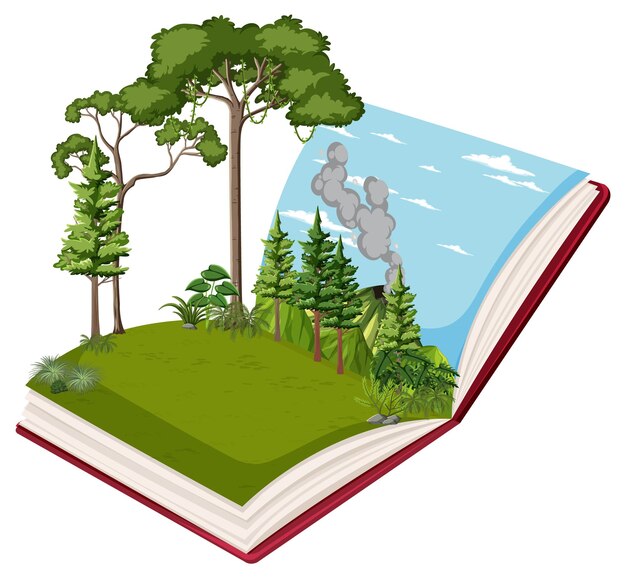 Libro con escena de bosque verde.