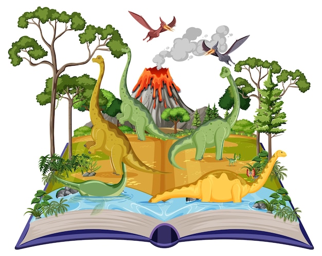 Vector gratuito libro con escena de braquiosaurio junto al río.