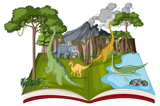 Vector gratuito libro con escena de dinosaurio en el bosque.