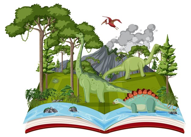 Libro con escena de dinosaurios en el bosque.