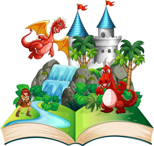 Libro con escena de dragón y caballero.
