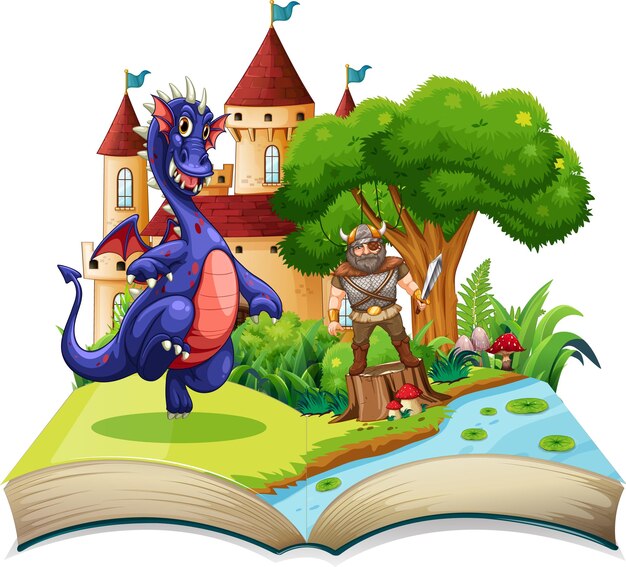 Libro con escena de lucha de caballeros y dragones.