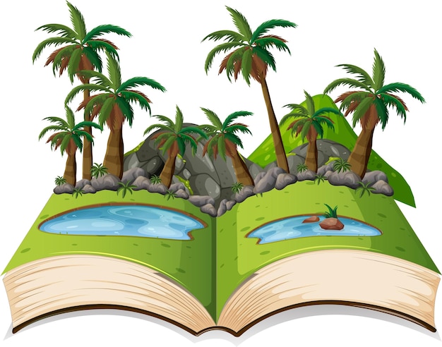 Libro con escena natural de montañas.