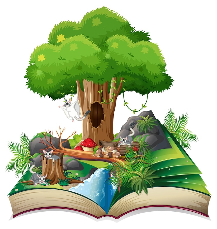 Vector gratuito libro con escena de planeadores del azúcar en el bosque