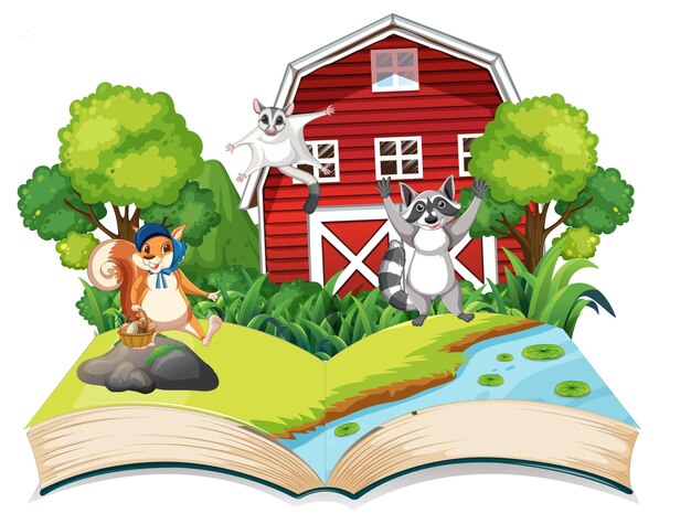 Libro de fantasía abierto con lindos animales.