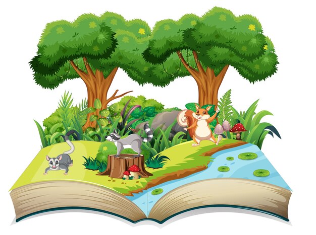 Libro de fantasía abierto con lindos animales.