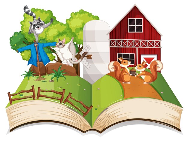 Libro de fantasía abierto con lindos animales.