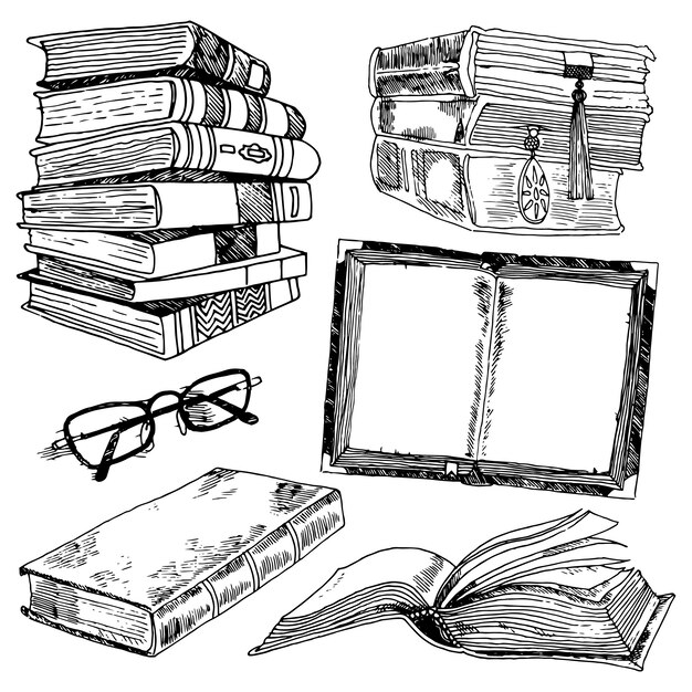 Libro y gafas biblioteca colección negro boceto decorativo iconos conjunto aislado ilustración vectorial