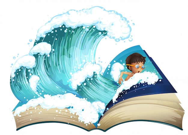 Libro gigante con niño nadando en el océano