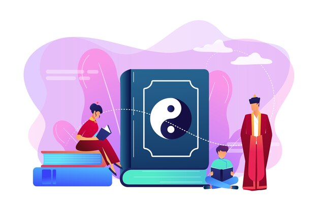 Libro grande con lectura familiar de yin-yang y taoísmo, gente pequeña. Yin yang taoísmo, taoísmo y confucianismo, concepto de filosofía china del taoísmo.