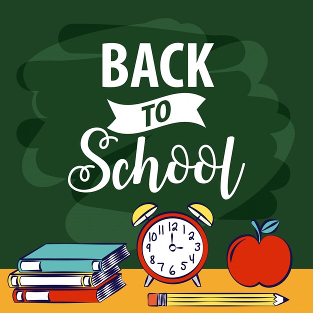Libro, lápiz de reloj y manzana en el escritorio, Ilustración de regreso a la escuela