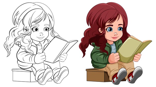 Libro de lectura de dibujos animados de niña aislado y su contorno de garabato