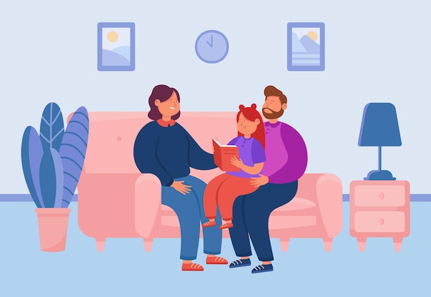 Libro de lectura de hija de dibujos animados con madre y padre en el sofá. Niños y adultos leyendo libros juntos ilustración vectorial plana. Familia, concepto de crianza para banner, diseño de sitio web o página web de inicio