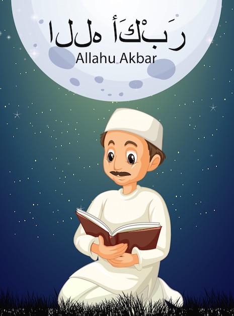 Libro de lectura del hombre musulmán árabe en vestimentas tradicionales con allahu akbar