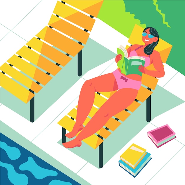 Libro de lectura de mujer dibujada a mano en la piscina