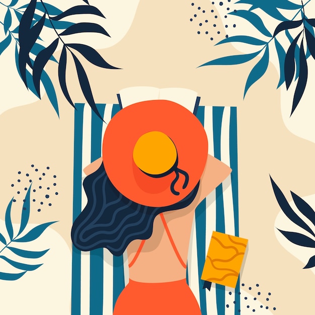 Libro de lectura de mujer dibujado a mano en la ilustración de la playa