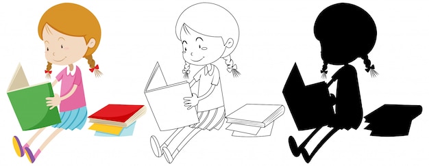 Libro de lectura de niña en color y contorno y silueta