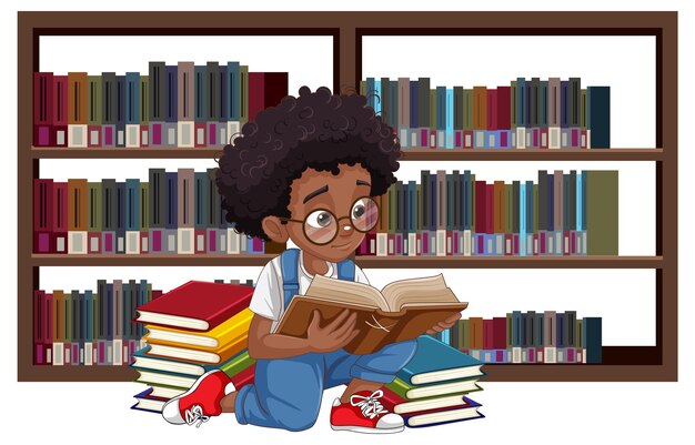 Libro de lectura de niño de pelo rizado