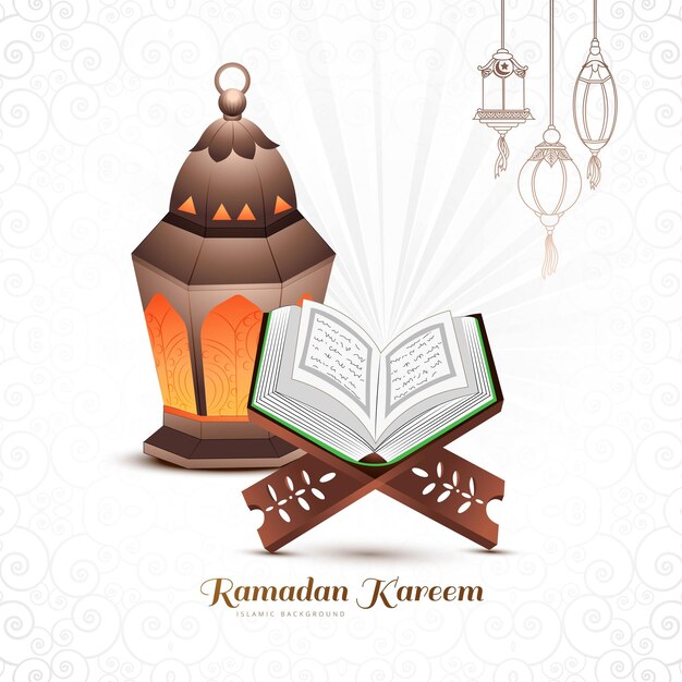 Libro sagrado del Corán en el stand con lámparas árabes fondo de tarjeta ramadan kareem