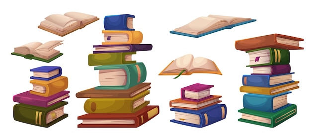 Libros apilados y individuales cerrados y abiertos