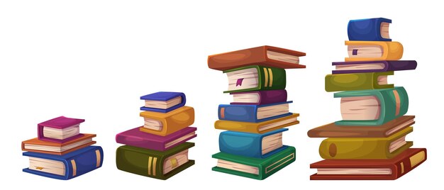 Libros apilados y individuales cerrados y abiertos