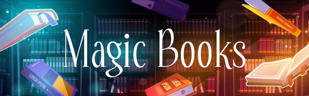 Libros de magia voladores con brillo misterioso y destellos en la biblioteca con estanterías. Cartel de vector de presentación de literatura, festival o feria con ilustración de dibujos animados de fantasía