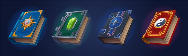Libros mágicos establecidos aislados en accesorios de juego de fondo