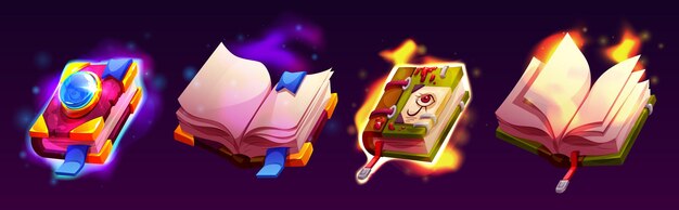 Libros medievales de hechizos mágicos con brillo misterioso.