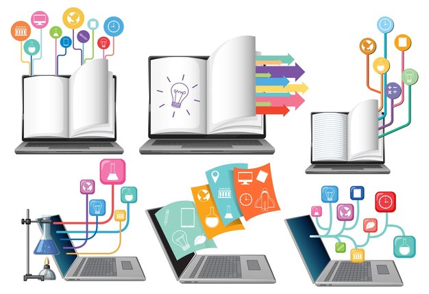 Libros y portátiles con iconos de educación.
