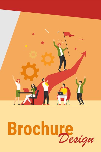 Líder empresarial de pie en la flecha y sosteniendo la bandera ilustración vectorial plana. Gente de dibujos animados entrenando y haciendo un plan de negocios. Concepto de liderazgo, victoria y desafío
