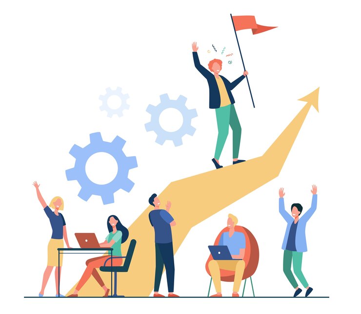 Vector gratuito líder empresarial de pie en la flecha y sosteniendo la bandera ilustración vectorial plana. gente de dibujos animados entrenando y haciendo un plan de negocios. concepto de liderazgo, victoria y desafío