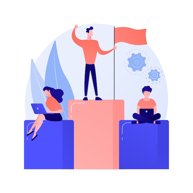 Liderazgo y éxito. Mejor trabajador en pedestal. Logro, desarrollo, motivación. Carácter del empleado de pie en el gráfico de barras con la ilustración del concepto de bandera