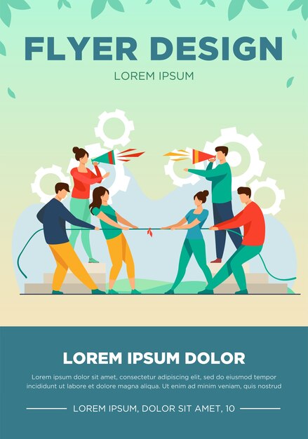 Líderes de grupo gritando en megáfono. Equipos jugando tira y afloja, tirando de la cuerda con la ilustración de vector plano de copa de oro. Competencia, concepto de concurso para banner, diseño de sitio web o página de destino