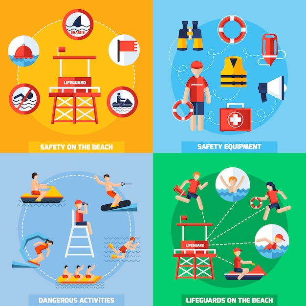 Lifeguard 4 Flat Icons Square Composition