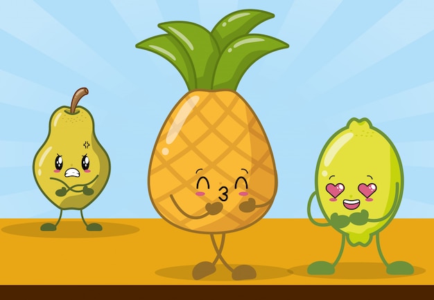 Limón, piña y pera sonriendo en estilo kawaii.