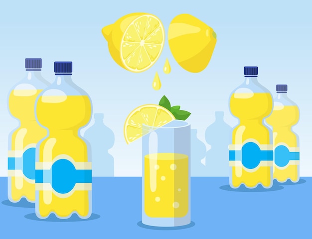 Limonada de dibujos animados en vidrio y botellas ilustración plana. proceso de elaboración de limonada amarilla con limones en rodajas en azul