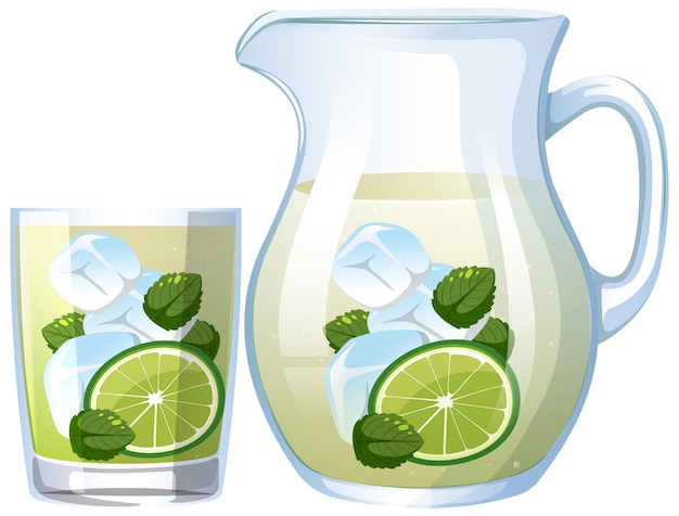 Vector gratuito limonada refrescante en vaso y jarra