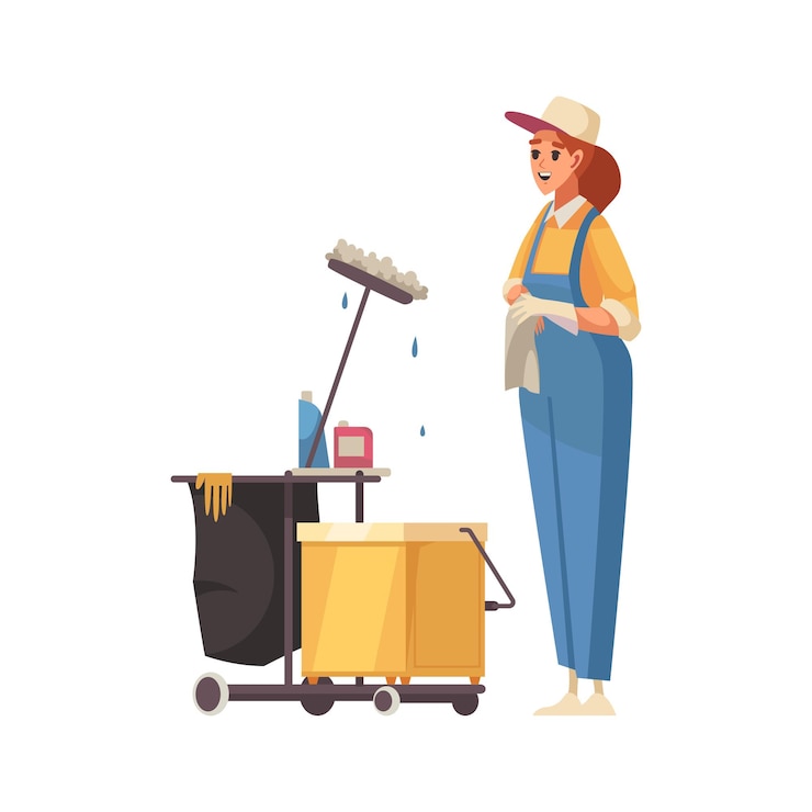 Vector gratuito limpiador de mujer feliz con herramientas para limpiar y lavar el icono plano